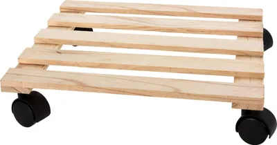 A wooden plant stand with wheels on a white background.