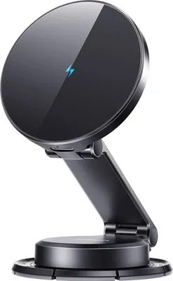 A black wireless charger with a foldable stand is shown against a white background.