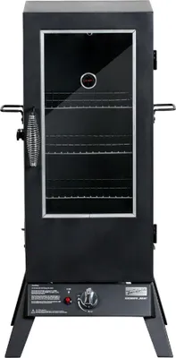 A black gas smoker with a glass door and chrome handles, standing on a white background.