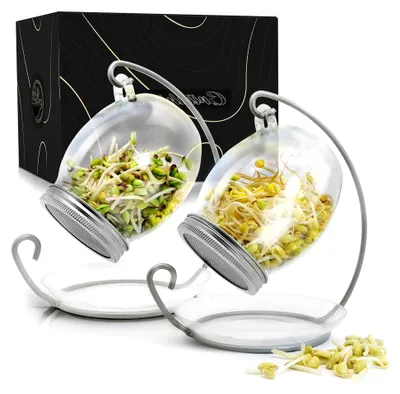 Produktbild von Sprossenglas - 2er Set 2x900ml mit chirurgischen Edelstahl Deckel | Sprossenglas Keimglas Set mit rostfreiem Sieb & breiter Öffnung für bessere Luftzirkulation