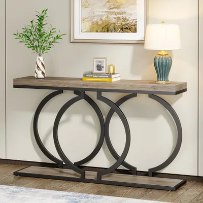 Produktbild von Tribesigns 140 cm Konsolentisch, Moderner Eingangsbereich, Flurtisch mit O-Form Schwarz Metallbeinen, Holz Sofatisch, Grau