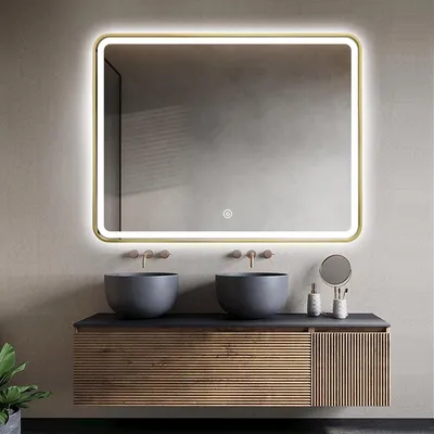Image de FENOMÉ miroir de salle de bain Mat Goud avec éclairage LED intégré & miroir chauffant - 70 × 90 cm
