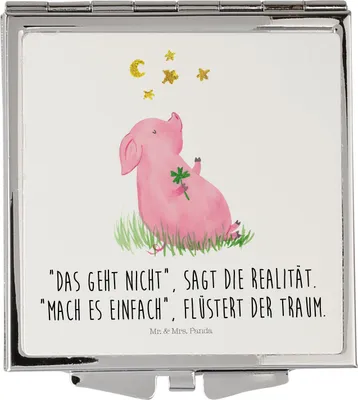 Produktbild von Mr. & Mrs. Panda Schminkspiegel Schwein Glück - Weiß - Geschenk, Reisespiegel, Sterne, Träume, Schweinchen, Kosmetikspiegel, Kleiner Spiegel, Lustige Sprüche, Klappbarer