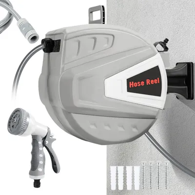 Obrázek produktu pro Jiubiaz hadicový naviják s nástěnným boxem na hadici s 3/4" palcovým nástěnným držákem 20 m s 9 hadicovými tryskami Zahradní hadice