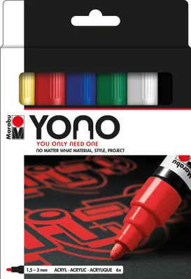 Produktbild von Marabu YONO, Schwarz, Blau, Grün, Rot, Weiß, Gelb, Mehrfarbig, 1,5 mm, 3 mm, Kanvas, Stoff, Metall, Kunststoff, Stein, Holz, Junge/Mädchen