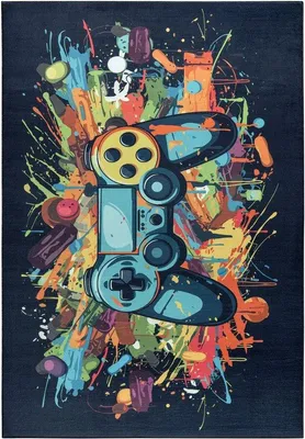 Immagine prodotto di Tappeto per bambini Unyqoos® a tema gaming e graffiti, blu e multicolore, 160 x 230 cm, in poliestere, lavabile a 30°C, antiscivolo, ideale per la cameretta dei bambini,  OEKO-TEX®