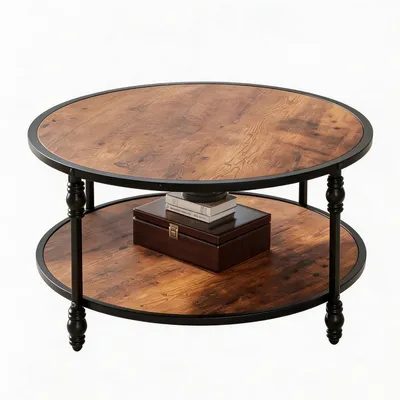 Produktbild von Couchtisch rund 2 Ebenen Metall MDF Wohnzimmer 72x72x49 cm vintage