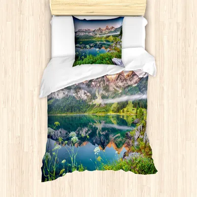 Produktbild von ABAKUHAUS Natur Mantele, Österreichische Alpen Berg, Milbensicher Allergiker geeignet mit Kissenbezügen, 135 cm x 200 cm - 80 x 80 cm, Grün blau