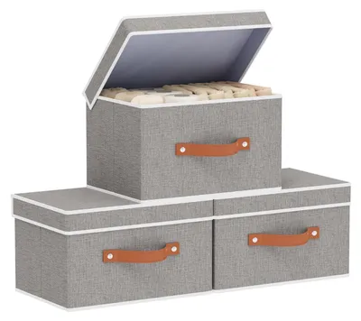 Image de Boîtes de rangement, boîte de rangement avec poignées, organiseur d'armoire, panier de rangement avec couvercle, pour le salon, lot de 3