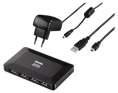 Produktbild von Hama 4-Port USB 2.0 Hub, 480 Mbit/s, Schwarz, Win 2000/Vista/7 Mac OS 9.x, 150 mm, 142 mm, 43 mm
