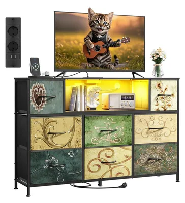 Obrázek produktu pro Komoda s 8 zásuvkami potaženými látkou, zásuvkami, ocelovým rámem, dřevěnou deskou, rozměry 120x30x79 cm, styl Bohémský