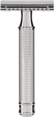 A close-up, studio shot of a double-edge safety razor.