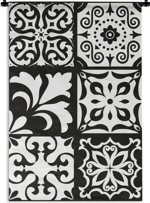 Produktbild von MuchoWow® Wandteppich Wandbehang Muster - Schwarz - Weiß - Blumen - Abstrakt 60x90 cm Tapisserie Dekoration Wandtuch - Foto-Teppich - Abwaschbar