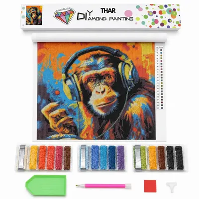 Imagen del producto de THAR, Kit completo para pintura con diamantes, Chimpanzé con auriculares, 40 x 50 cm