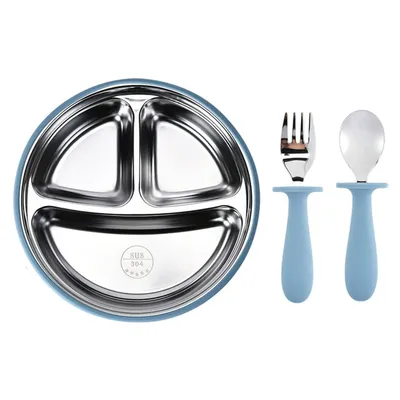 Produktbild von Baby Teller mit Saugnäpf, 304 Edelstahl Kindergeschirr mit Gabel und Löffel, Blau