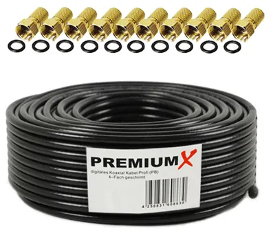 Produktbild von PremiumX 25m PROFI Koaxialkabel Schwarz 135dB 4-fach KUPFER 10x F-Stecker
