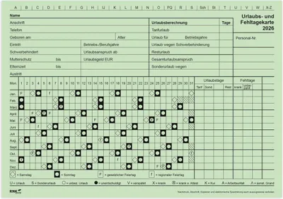 A German holiday and absence tracking card for the year 2026.