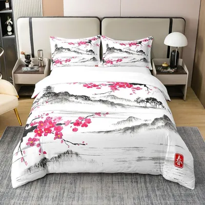 Bettbezug-Set King Size 100 % Baumwolle Kirschblüten rosa botanisch 3-tlg.