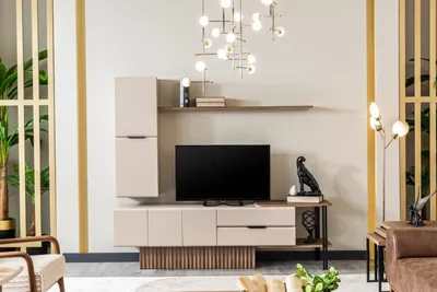 Produktbild von Wohnwand TV Ständer Wandschrank RTV Lowboard Beige Holz Regale