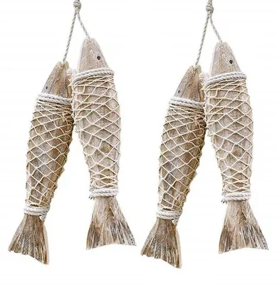 Productafbeelding van Ibenzoa® handgeschnitzde houten visornamenten, set van 4, 20 cm, 290 gram per stuk – maritieme decoratie voor binnen en buiten, met een omhulling van visnet