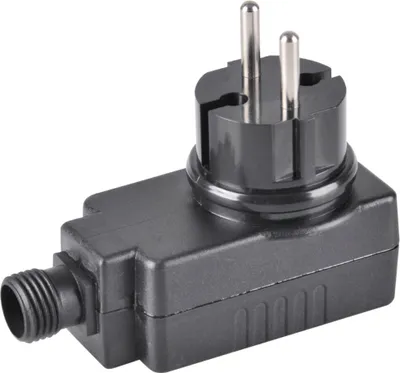 A black electrical adapter with two prongs is shown against a white background.