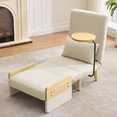 Produktbild von Merax Sessel, 3-in-1 Umbausessel mit Schlaffunktion, 6-fach verstellbar, Holztablett, Lordosenstütze & Kissen, Leinen, Beige