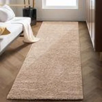 Produktbild von Teppich Wohnzimmer Hochflor Einfarbiges Design Langflor Shaggy Modern Flauschig, Größe: 80 x 250 cm, Farbe: Beige