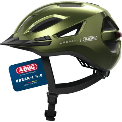 Produktbild von ABUS Stadthelm Urban-I 4.0 - Fahrradhelm mit aufladbarem Rücklicht, 2 Leuchtmodi, Schirm, Zopf-Öffnung und magnetischem Verschluss - für Jugendliche, Frauen und Männer - Größe S, grün