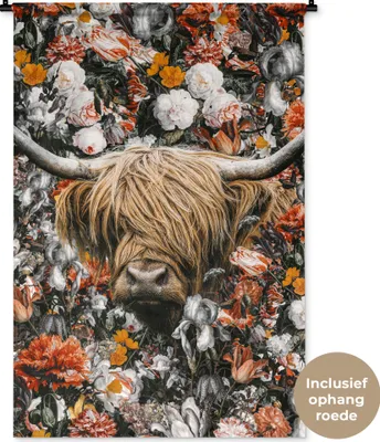 Produktbild von MuchoWow® Wandteppich Wandbehang Schottische Hochlandrind - Blumen - Rosen 90x135 cm Tapisserie Dekoration Wandtuch - Baumwolle - Wandskulptur