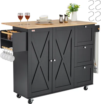 A dark gray kitchen island cart with a wooden top is shown against a white background. It has cabinet doors, drawers, a towel rack, and hanging hooks.