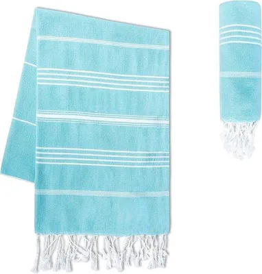 Produktbild von Unyqoos® Fouta Hammam-Handtuch – XXL Hamamtuch 100×200 cm, 100% ringgesponnene Baumwolle, handgeknotete Fransen, STANDARD 100, saugfähig & schnelltrocknend, aqua