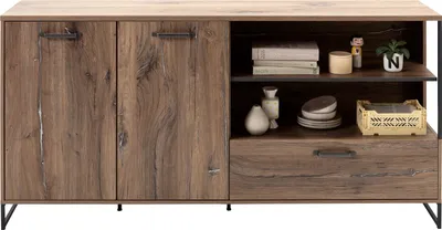 Produktbild von Sideboard - Flagstaff Eiche Nachbildung - Schwarz - Metall - 180 x 93 cm - 2 Türen - 1 Schublade