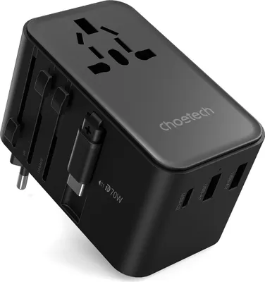 Produktbild von Choetech Reiseadapter Pd5022 70W Eu / Us / Aus / Uk mit integriertem Usb-C Kabel - Schwarz