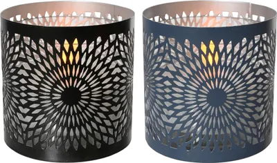 Produktbild von Solar LED Windlicht Kerze 8x8cm Metall Schwarz / Blau 1 Stück sortiert