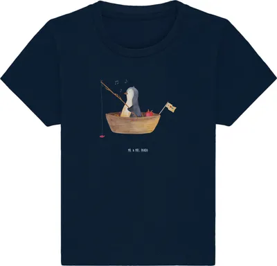 Produktbild von Mr. & Mrs. Panda Organic Baby Shirt Pinguin Angelboot 12. - 18. Monat - French Navy - Geschenk, Boot,  Babyshirt, Genießen, Optimistisch, T-Shirt, Angeln, Kurzarmshirt