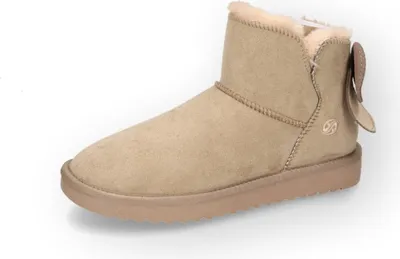 A single beige winter boot with a bow on the back, presented on a white background.