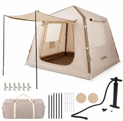 Immagine prodotto di KOMFOTTEU, tenda gonfiabile per campeggio, adatta a 2-4 persone, tenda gonfiabile realizzata in tessuto Oxford resistente all'acqua, con porta, 2 finestre a rete e veranda. Tenda portatile per attività all'aperto, completa di pompa ad aria