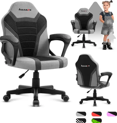 A collage of images showing a gaming chair designed for children, with a child in one of the images, and color swatches at the bottom.