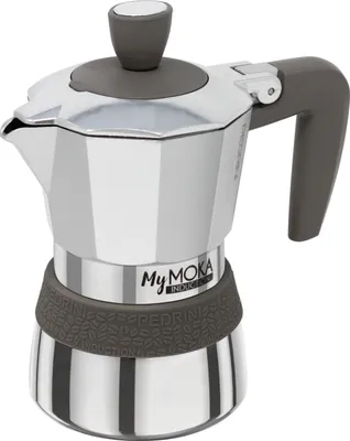 A studio shot of a Moka pot on a white background.