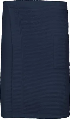 A dark navy blue waffle-knit sauna kilt with a single pocket on the right side.