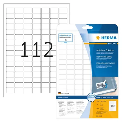 Zdjęcie produktu dla HERMA 4211, Biały, Samoprzylepne etykiety do drukowania, A4, Papier, Laser/Atrament, Wyjmowana
