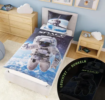 Produktbild von Leuchtende Bettwäsche Glow in the Dark Kinder Bettwäsche 135 x 200 + 10 SPIELE Astronaut Bettwäsche Weltall