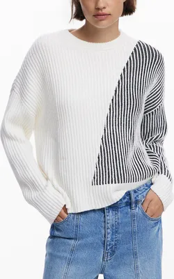 Produktbild von Stylischer Damenpullover in Weiß mit Kontrastdetails & Rundhals