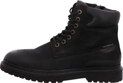 A black winter boot shown from the side against a white background.