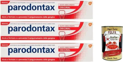 Produktbild von Dentifricio Original,Zahnpasta für gesundes Zahnfleisch und starke Zähne, 3x 75ml + Italian Gourmet polpa 400g