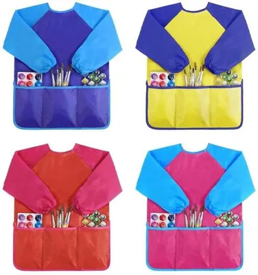 Image de Tablier d'artiste - Lot de 4 tabliers - Tablier pour enfants - Taille M : 60 x 44 cm - Activités créatives pour enfants - Peinture - Tablier imperméable - Tablier de peinture avec 3 poches, pour les enfants de 2 à 8 ans - Protège contre la poussière et la peinture - Peinture, cuisine, art, travaux manuels, tablier pour enfants