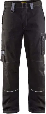 A pair of black work pants on a white background.