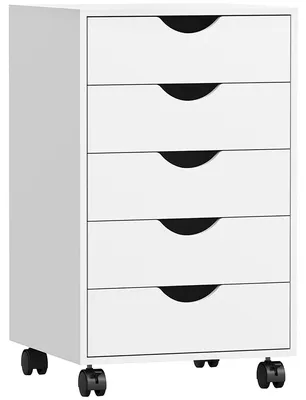 Image de Caisson à tiroirs de bureau - Caisson à roulettes / classeur - 5 tiroirs - À roulettes - 40 x 40 x 67 cm - Pour bureau et salon - Blanc