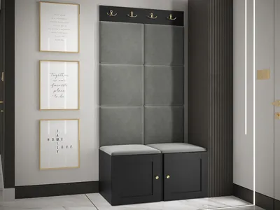 Produktbild von MIRJAN24 Garderoben-Set Orion Ramiro IV, Schuhschrank, Kleiderhakenbrett, 8x Paneel 42x42, Metallgriffe, 4 Kleiderhaken (Farbe: Schwarz, Manila 16)
