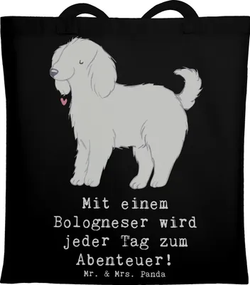 Produktbild von Mr. & Mrs. Panda Uni Tasche Bologneser Abenteuer - Schwarz - Geschenk, italienische Hunderassen, Shopping, Pflege, Schultasche, Hundeliebhaber, Hund, Beutel, Tote Bag
